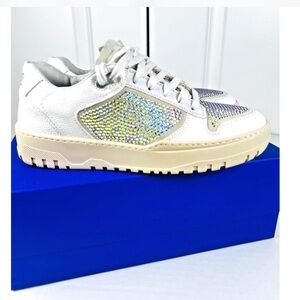 P448 Mason Galu Size 38 EU 7.5 US Womens White Leather Low Rhinestone Sneakers